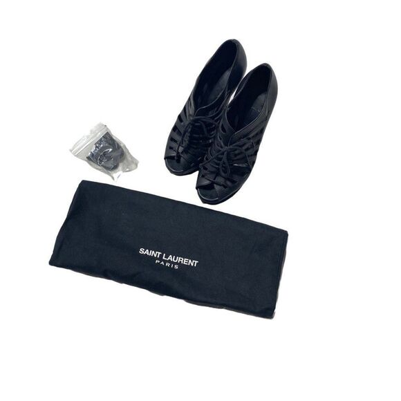 YVES Saint Laurent - Black Leather Hortense 105 Lace-Up Wedges - Picture 9 of 10